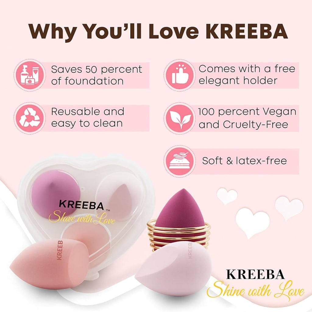 KREEBA 3 Pcs Makeup Sponge Set Comes with Heart-Shaped Travel Box-Makeup Sponges Oval Included Bonus Gold Drying Stand-Latex-Free Make Up Sponges for Face-Beauty Sponge Give Flawless Finish
