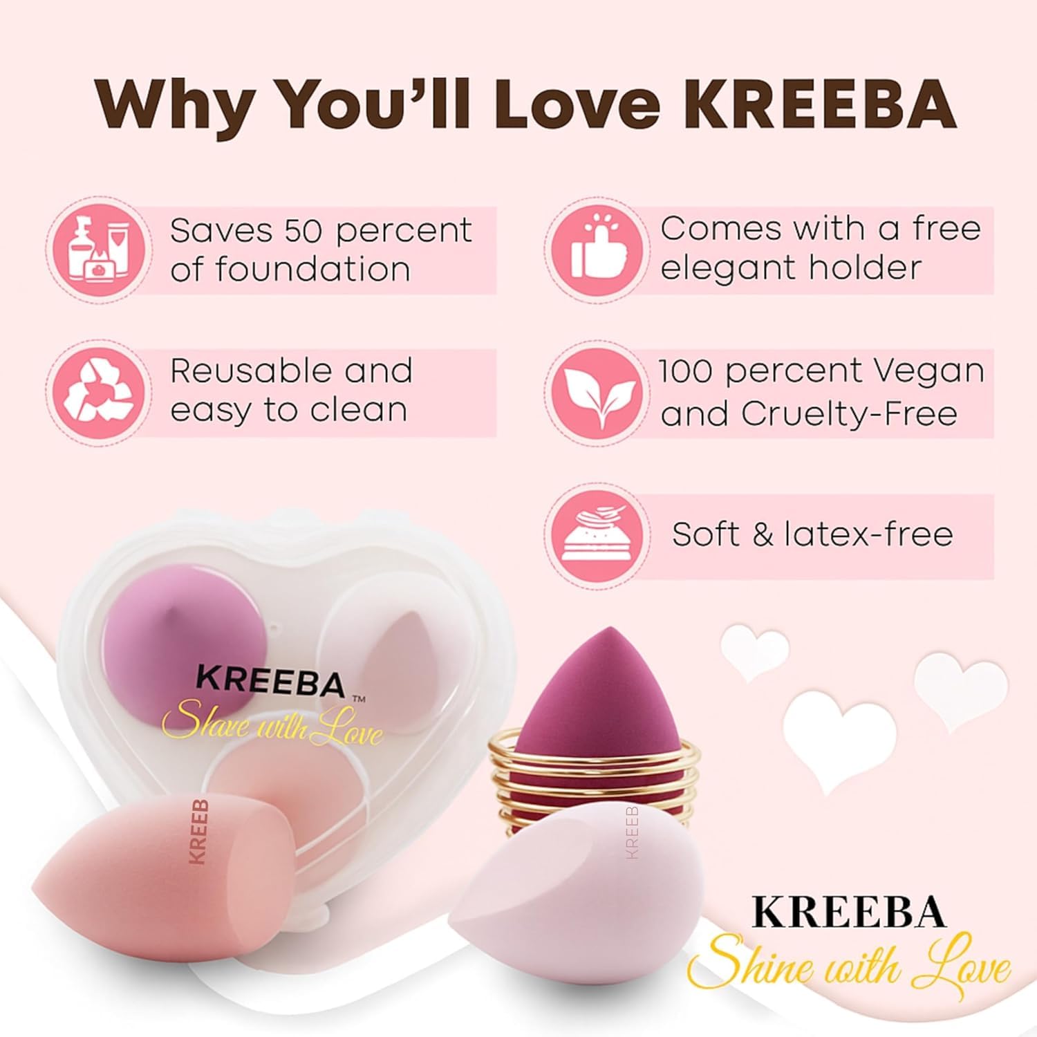 KREEBA 3 Pcs Makeup Sponge Set Comes with Heart-Shaped Travel Box-Makeup Sponges Oval Included Bonus Gold Drying Stand-Latex-Free Make Up Sponges for Face-Beauty Sponge Give Flawless Finish