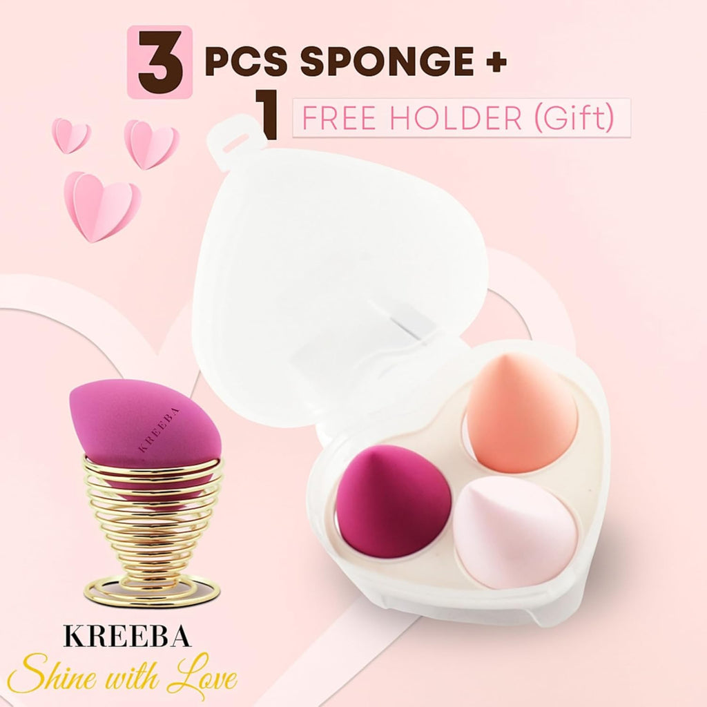 KREEBA 3 Pcs Makeup Sponge Set Comes with Heart-Shaped Travel Box-Makeup Sponges Oval Included Bonus Gold Drying Stand-Latex-Free Make Up Sponges for Face-Beauty Sponge Give Flawless Finish