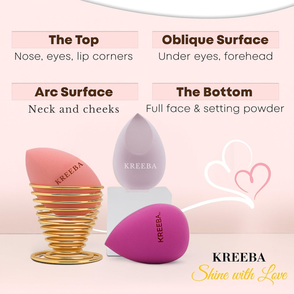 KREEBA 3 Pcs Makeup Sponge Set Comes with Heart-Shaped Travel Box-Makeup Sponges Oval Included Bonus Gold Drying Stand-Latex-Free Make Up Sponges for Face-Beauty Sponge Give Flawless Finish