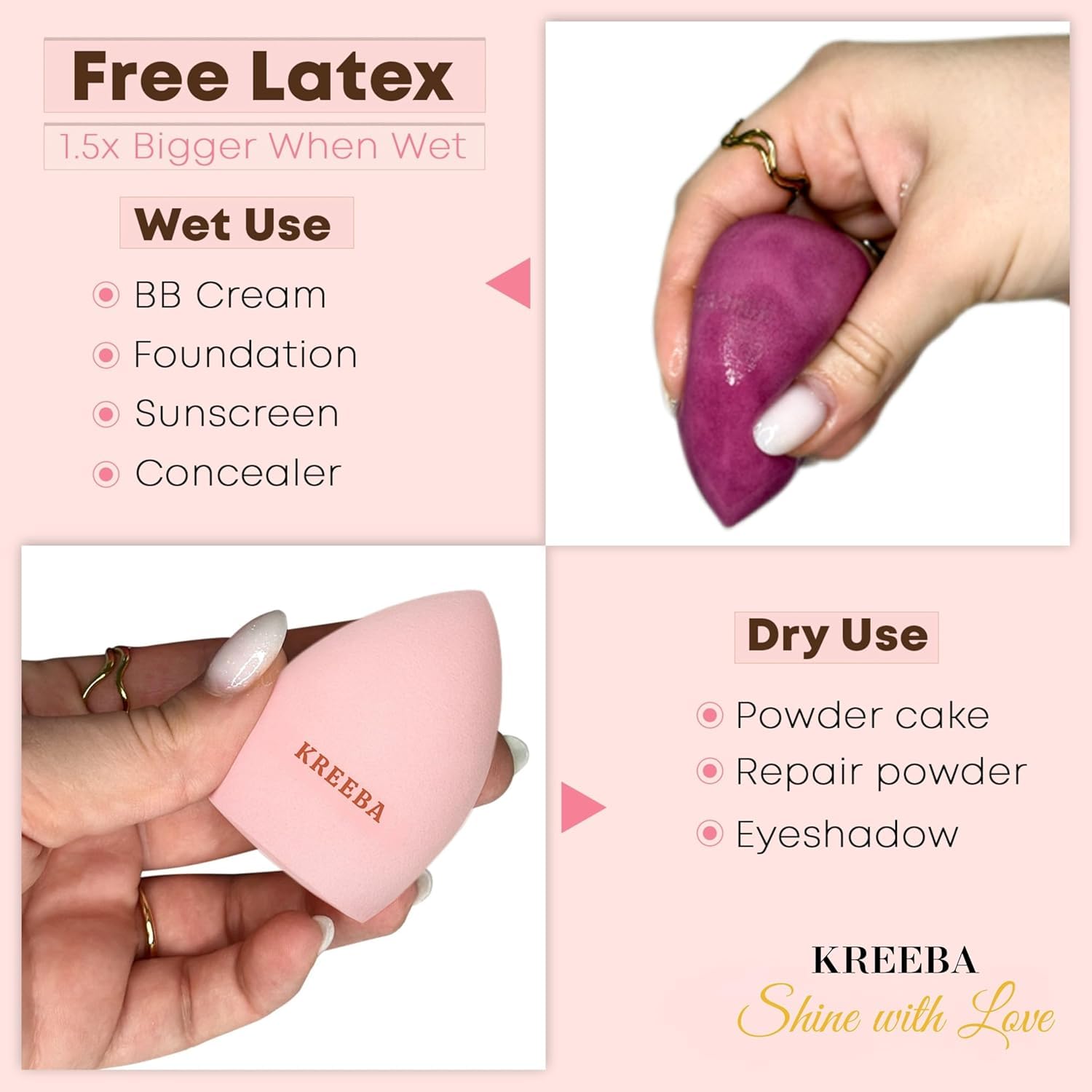 KREEBA 3 Pcs Makeup Sponge Set Comes with Heart-Shaped Travel Box-Makeup Sponges Oval Included Bonus Gold Drying Stand-Latex-Free Make Up Sponges for Face-Beauty Sponge Give Flawless Finish