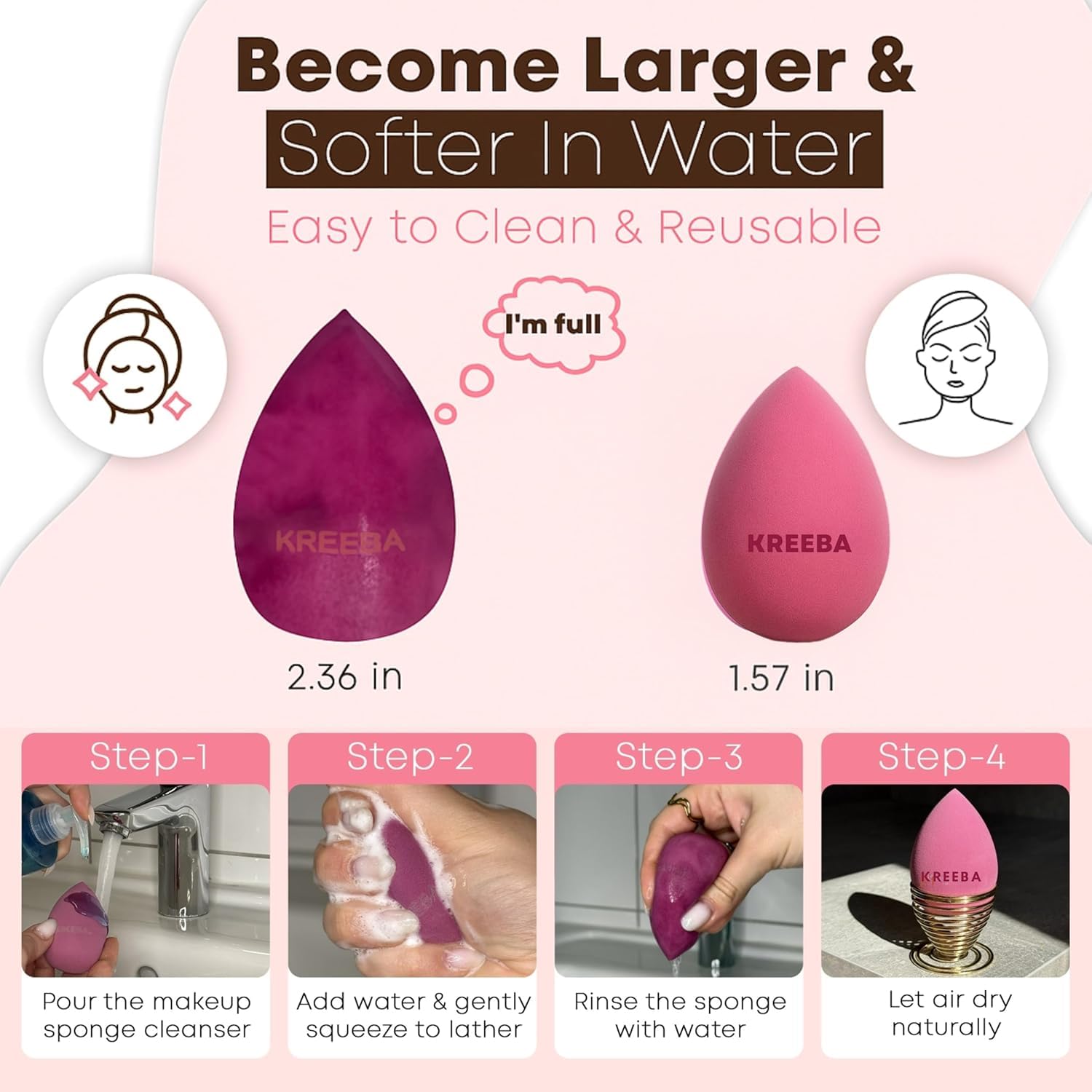 KREEBA 3 Pcs Makeup Sponge Set Comes with Heart-Shaped Travel Box-Makeup Sponges Oval Included Bonus Gold Drying Stand-Latex-Free Make Up Sponges for Face-Beauty Sponge Give Flawless Finish