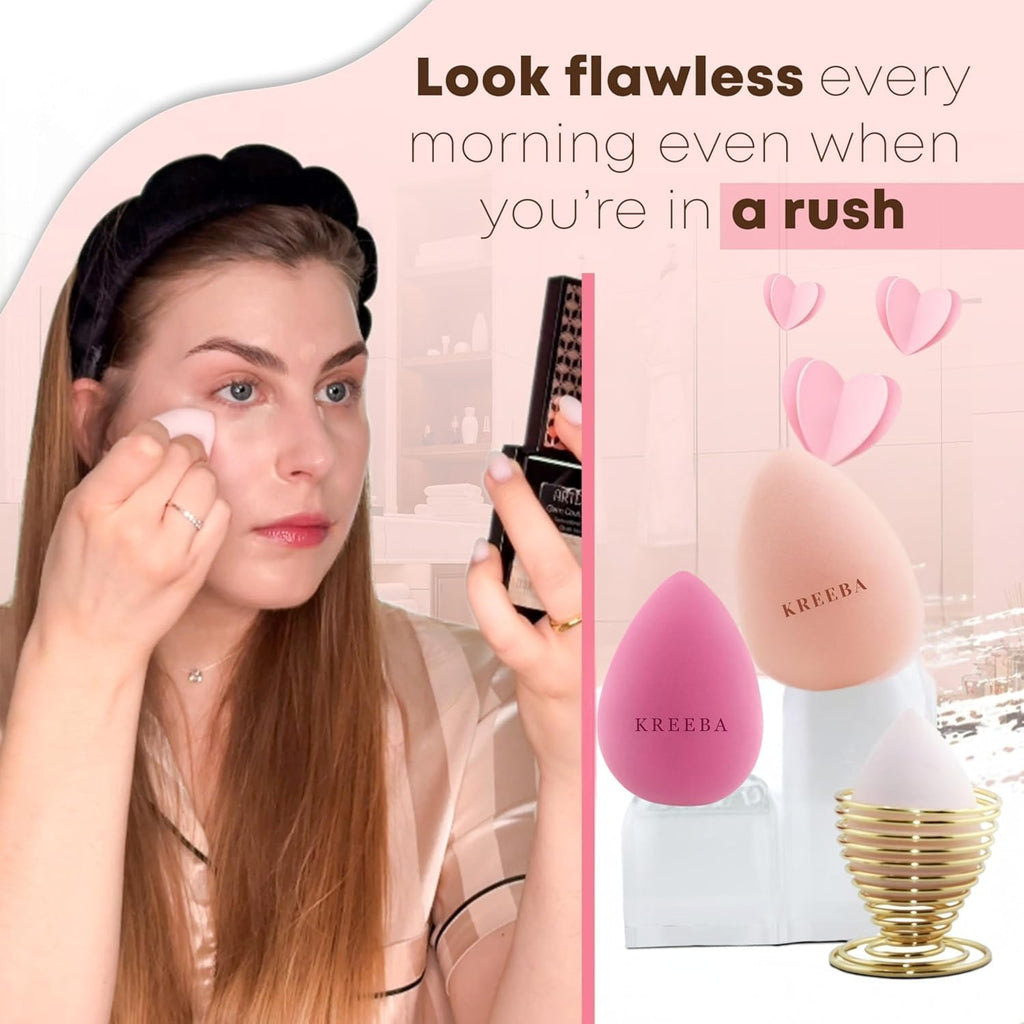 KREEBA 3 Pcs Makeup Sponge Set Comes with Heart-Shaped Travel Box-Makeup Sponges Oval Included Bonus Gold Drying Stand-Latex-Free Make Up Sponges for Face-Beauty Sponge Give Flawless Finish