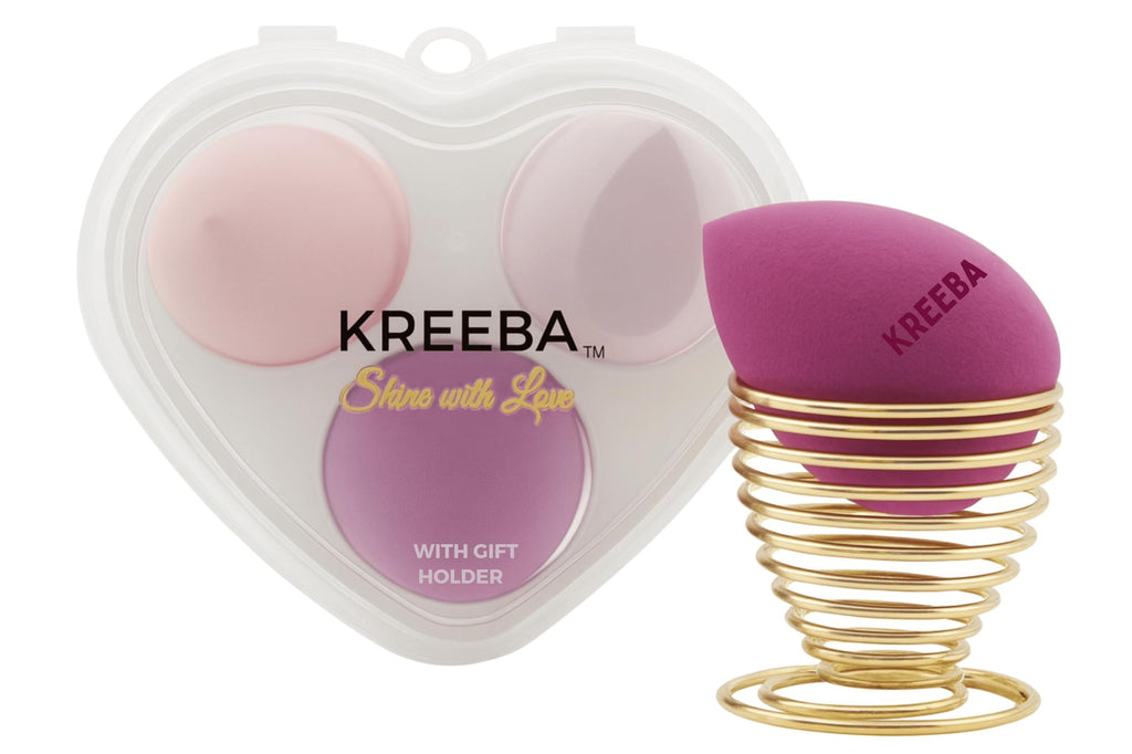 KREEBA 3 Pcs Makeup Sponge Set Comes with Heart-Shaped Travel Box-Makeup Sponges Oval Included Bonus Gold Drying Stand-Latex-Free Make Up Sponges for Face-Beauty Sponge Give Flawless Finish