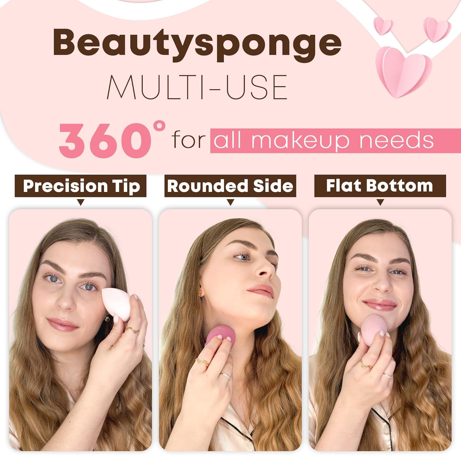 KREEBA 3 Pcs Makeup Sponge Set Comes with Heart-Shaped Travel Box-Makeup Sponges Oval Included Bonus Gold Drying Stand-Latex-Free Make Up Sponges for Face-Beauty Sponge Give Flawless Finish